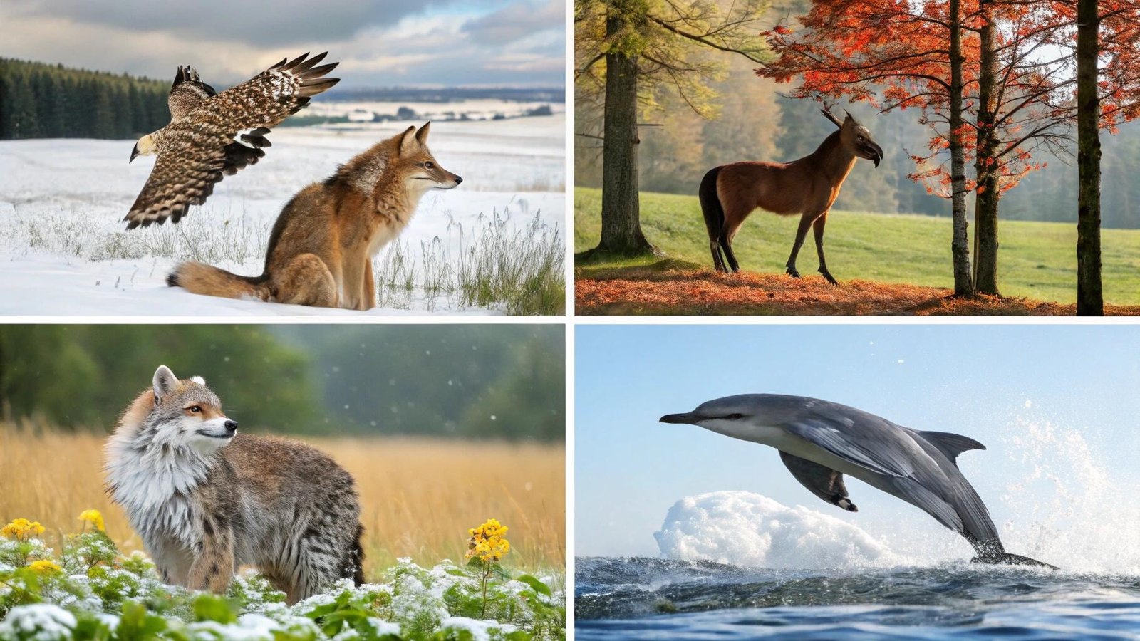 A collage of spirit animals in seasonal landscapes, featuring a hawk, deer, dolphin, and wolf